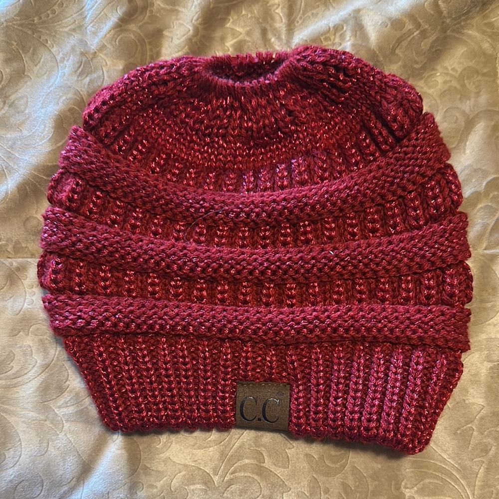 CC Burgundy Knit ponytail Beanie